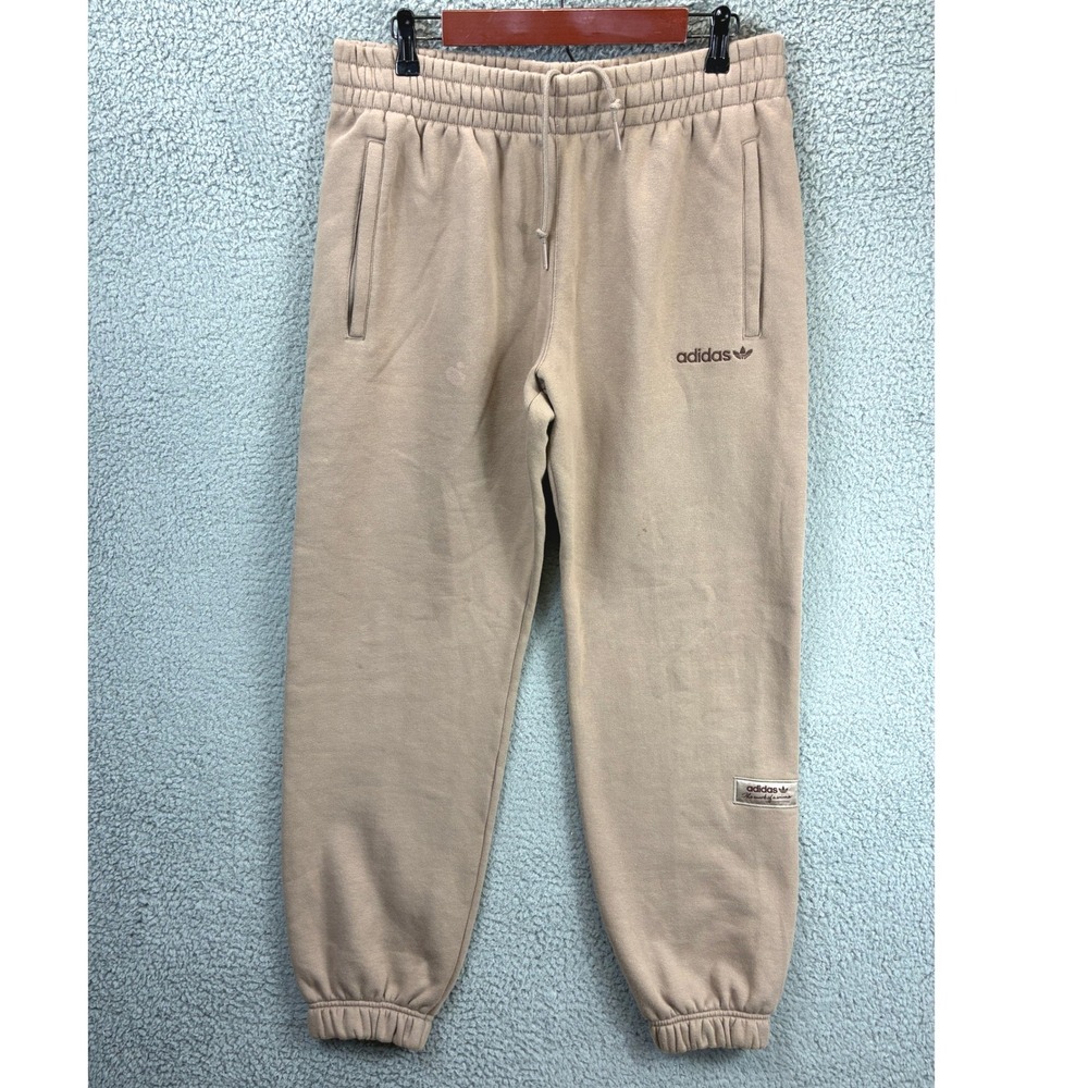 Adidas Originals Trefoil Fleece Sweatpants Mens L Beige Athleisure Flawed